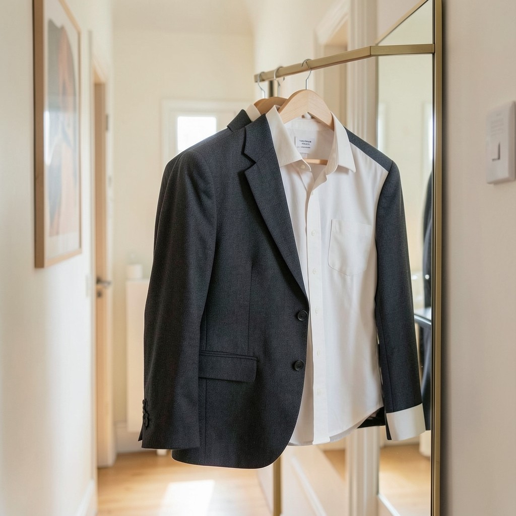 Preparación de ropa formal sobre perchero antes de una entrevista